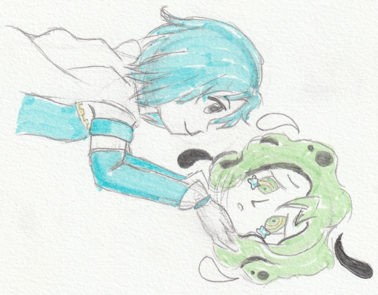 sayaka about to hold hitomi's head. it is a traditional drawing