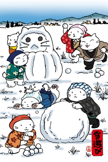 a japanese stylized illustration of a bunch of cats playing in the snow. some of them are throwing snowballs and others are building a snowman in form of a cat