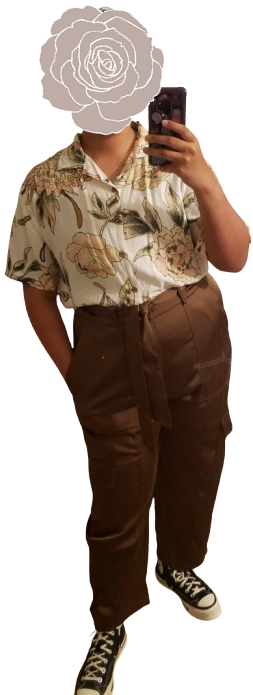 floral button up, brown silk pants, black converse