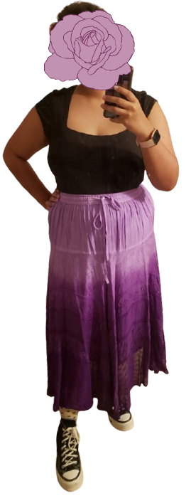 black shirt, purple skirt