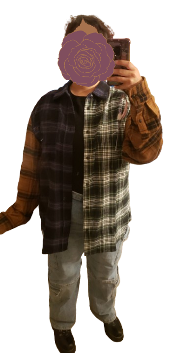 a patterned long sleeve shirt, green, yellow, and blue