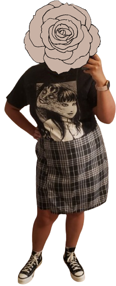 graphic tomie tee, black and white plaid skirt, black converse