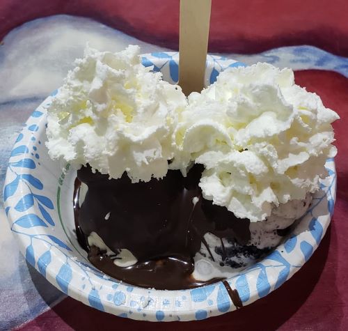 a bowl with two scoops of ice cream with whipped cream on top of them.