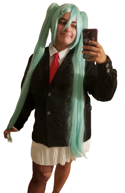 me being dressed as award strobe hello miku