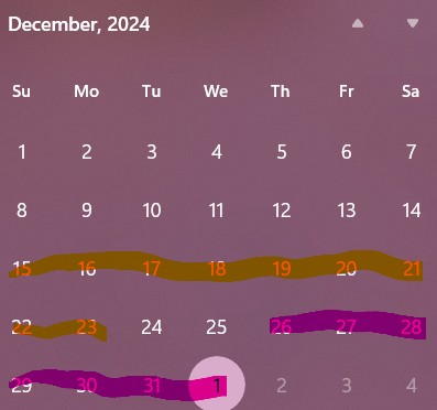 december sick calendar. from december 15 to december 23 is highlighted in orange. from december 26 to january 1 is highlighted in pink.