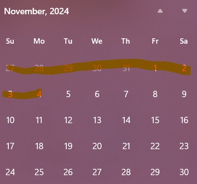 november sick calendar. october 27 to november 4 are highlighted in orange.