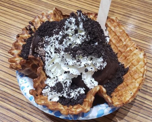 plate with a waffle cone and ice cream