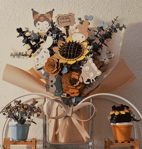 a bif wooden sanrio themed bouquet with tiny flower pots made out of legos on the sides.
